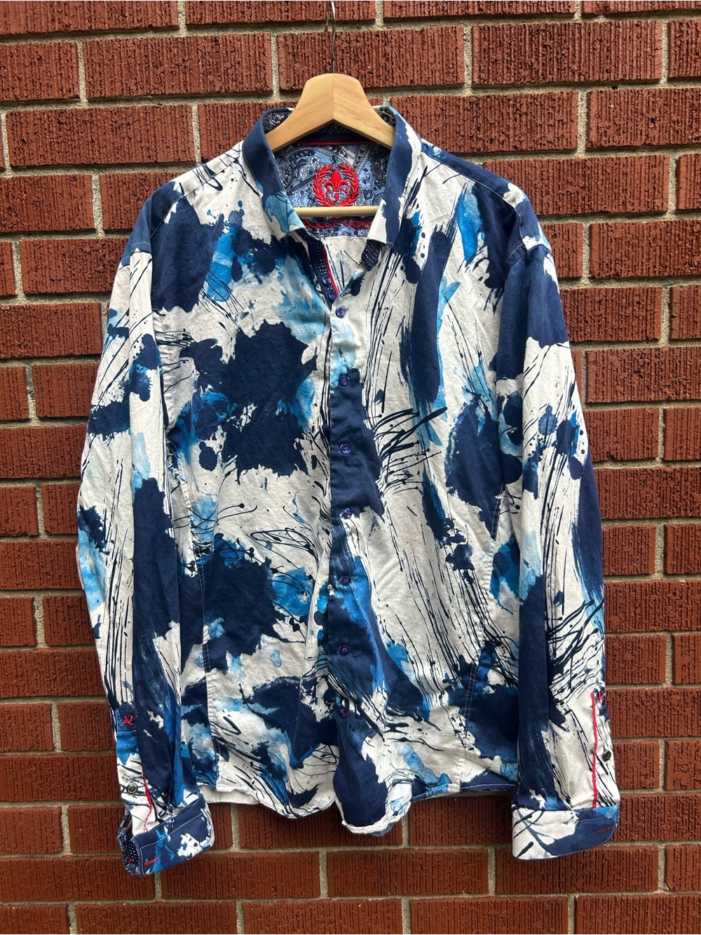 Au Noir Abstract Paint Print Statement Shirt Blue White Size 7